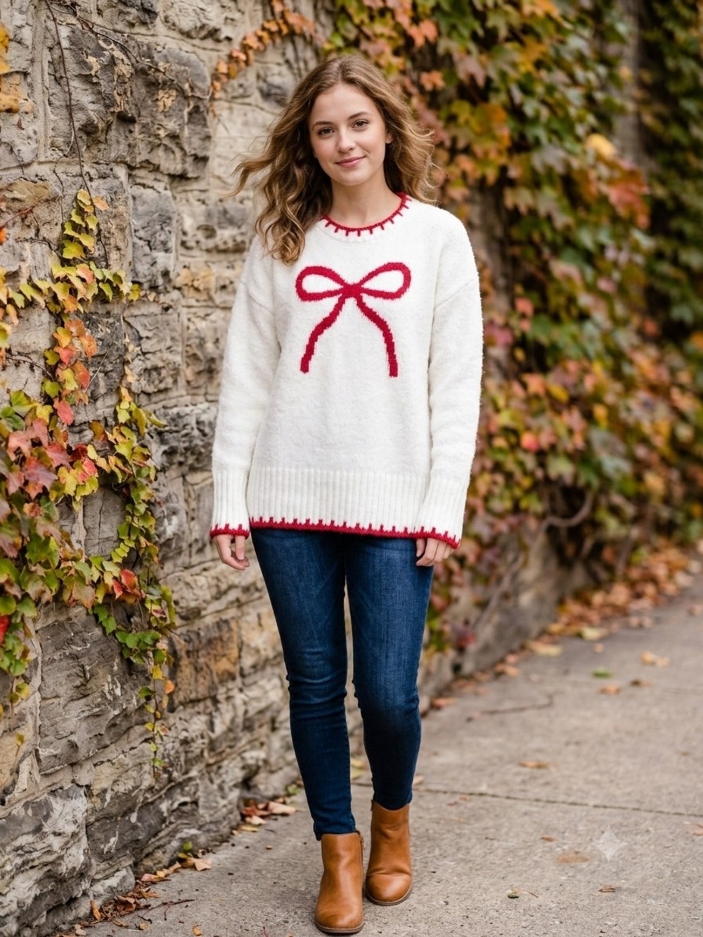 Pink Rose. Cozy White Sweater with Red Bow Accent